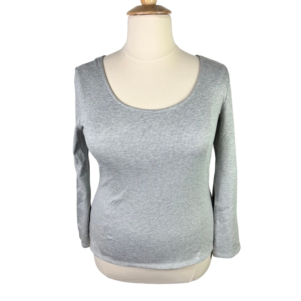 Who What Wear Women's Heather Gray Ribbed Scoop Neck Long Sleeve Top XXL NWT